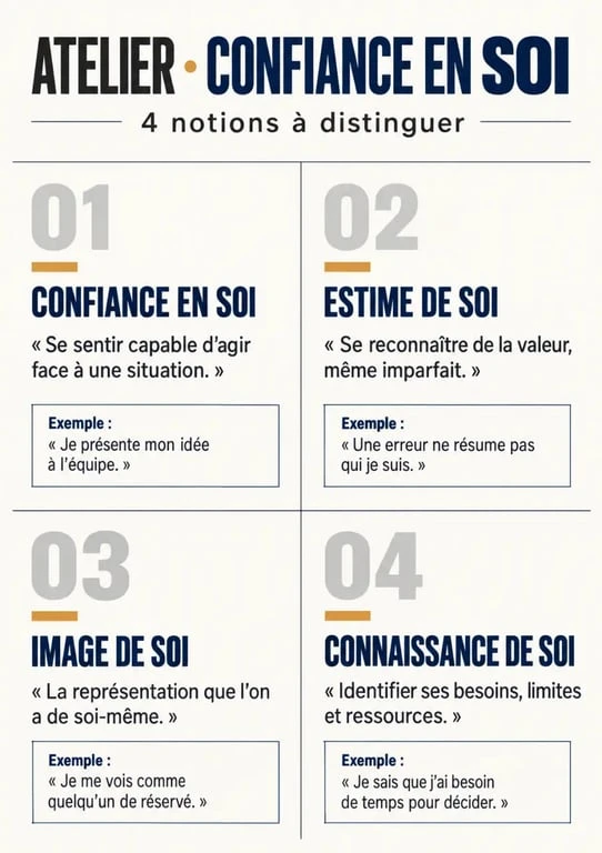 Infographie des notions travaillées dans un atelier confiance en soi : estime, image et connaissance de soi