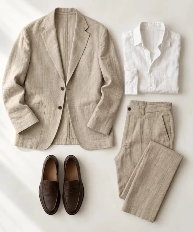 Costume homme décontracté en lin avec chemise blanche et mocassins