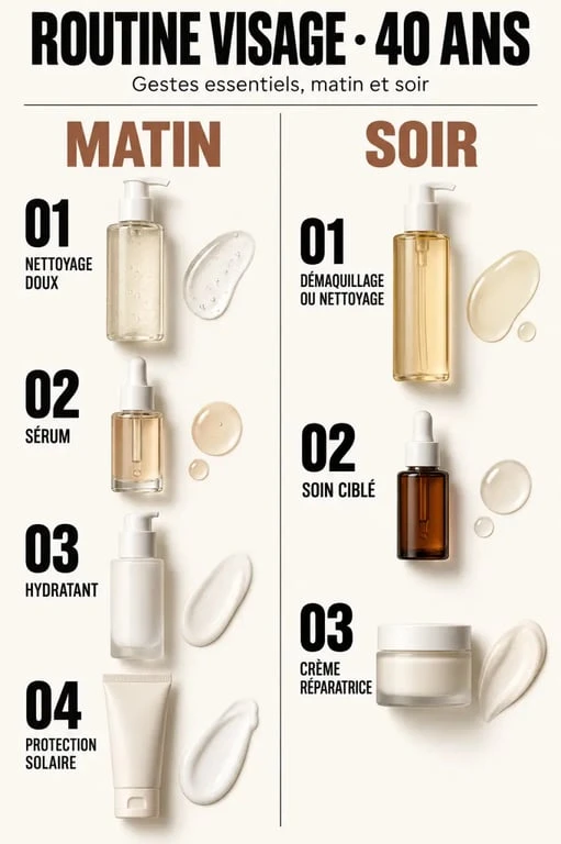 Routine beauté visage 40 ans : ordre des soins matin et soir