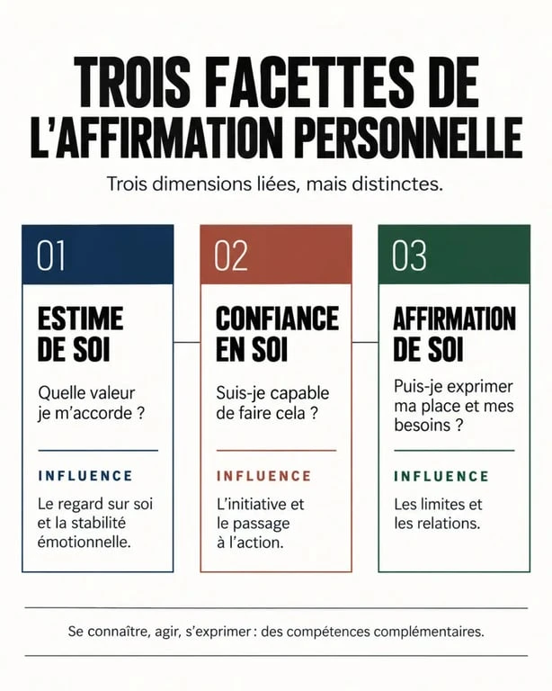 Infographie sur la différence entre estime de soi, confiance en soi et affirmation de soi