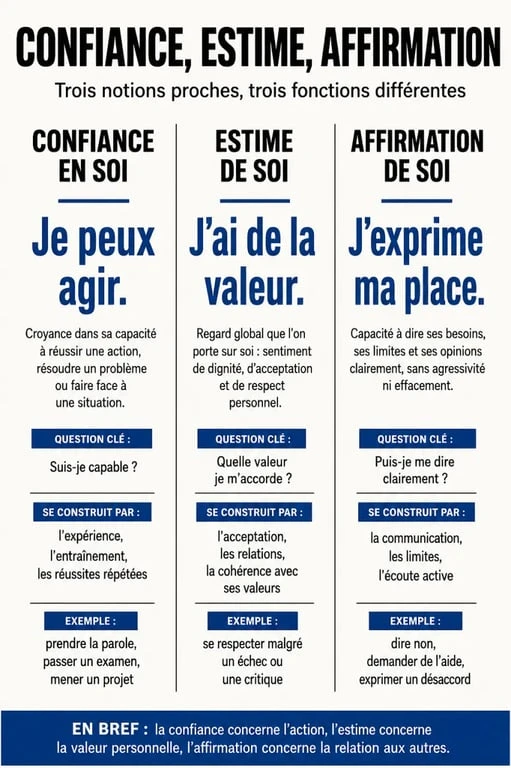 Sophrologie confiance en soi : comparatif visuel entre confiance en soi, estime de soi et affirmation de soi