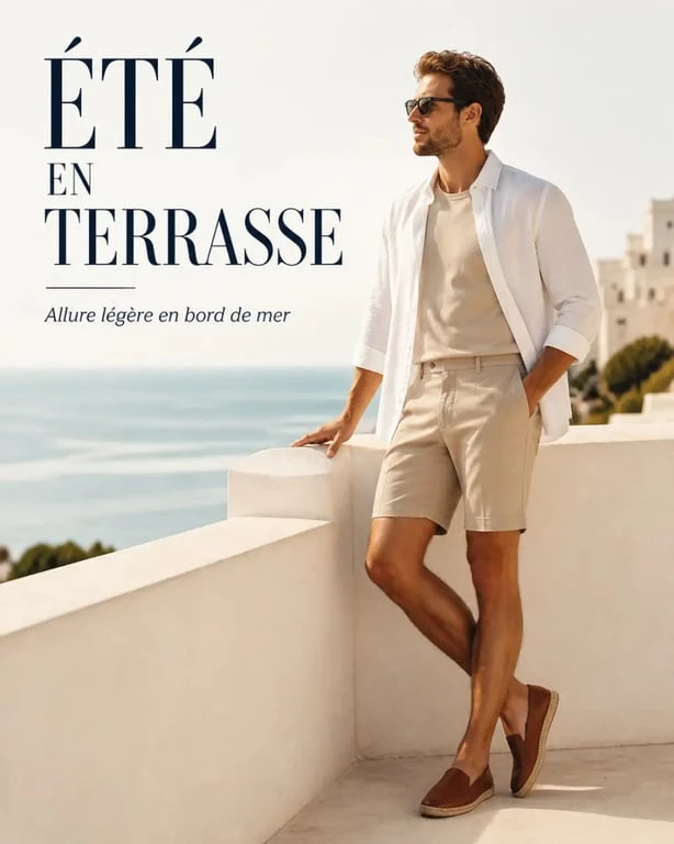 Tenue été homme classe en vacances avec chemise en lin blanche et bermuda chic