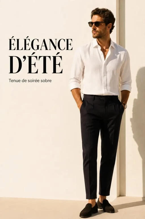 Tenue été homme classe pour une soirée avec pantalon en lin foncé et chemise blanche