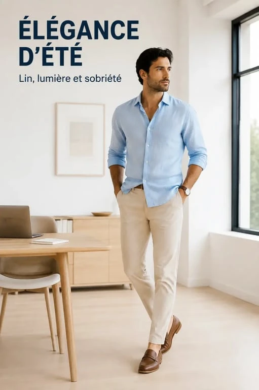 Tenue été homme classe pour le bureau avec chemise en lin bleu clair et chino beige
