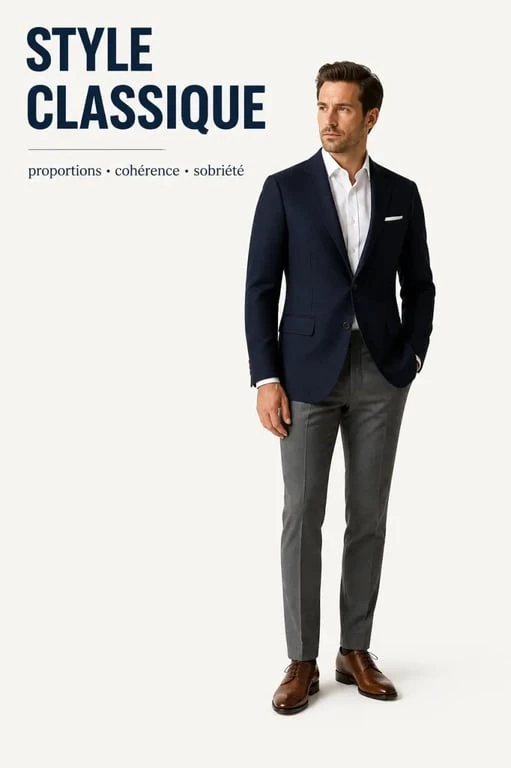 Style vestimentaire classique homme : tenue élégante avec blazer bleu marine, chemise blanche, pantalon gris et derbies brunes