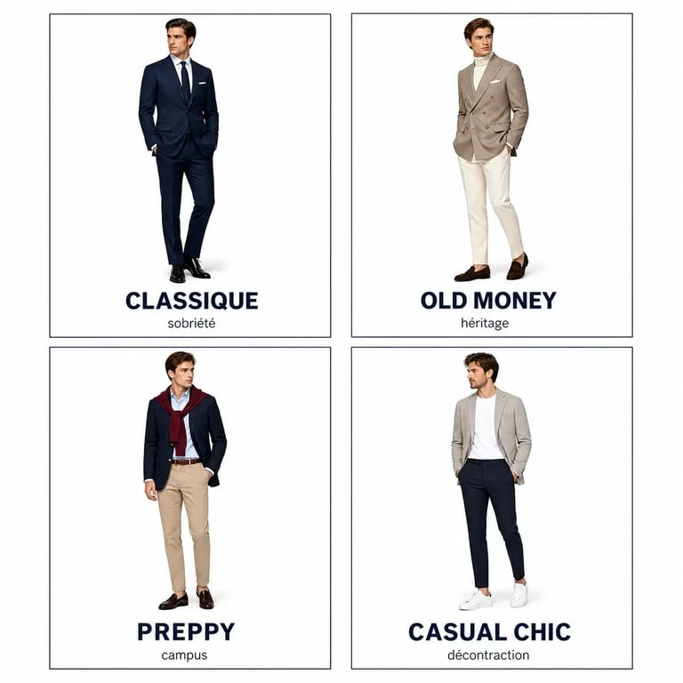 Style vestimentaire classique homme : comparaison visuelle entre classique, old money, preppy et casual chic