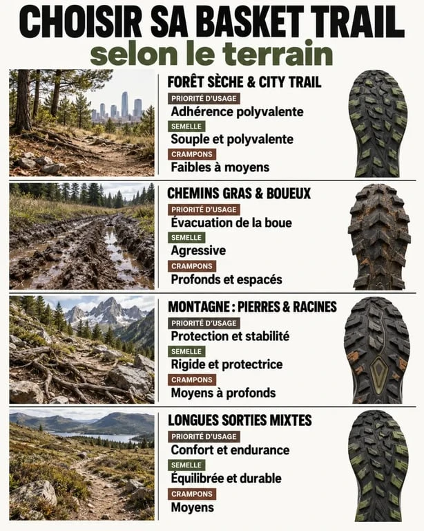 Infographie pour choisir une basket trail homme selon le terrain, les crampons et la semelle