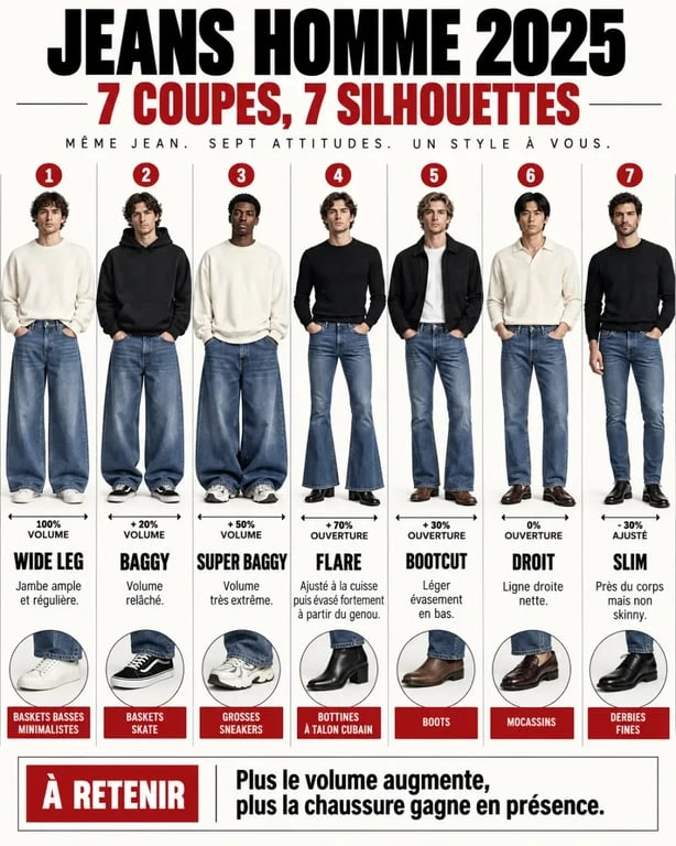 Infographie des coupes de la mode jean homme 2025 : wide leg, baggy, flare, bootcut, droit et slim