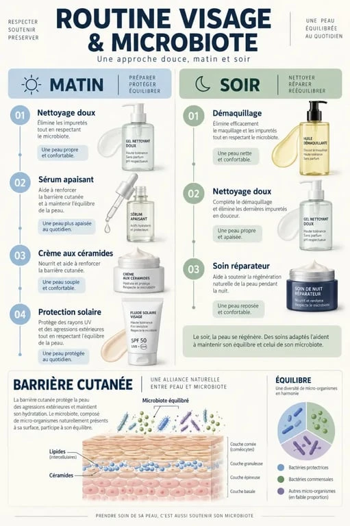 Routine beauté microbiote visage avec nettoyage doux, hydratation et protection solaire