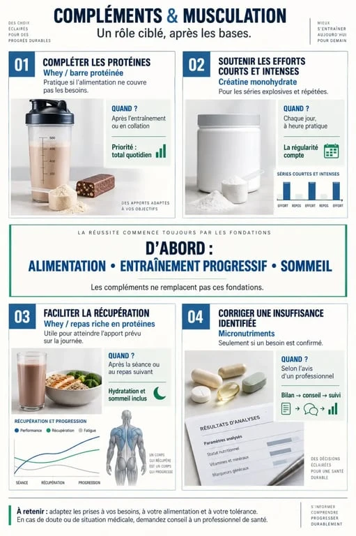 Infographie sur les compléments alimentaires muscu selon l’objectif et le moment de prise