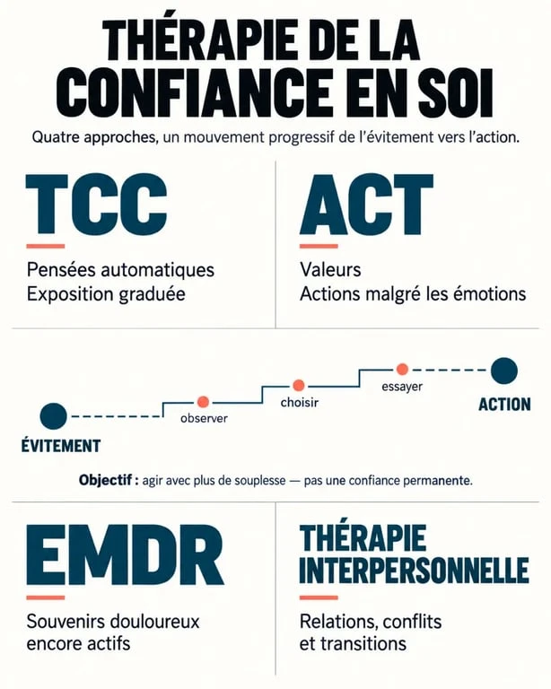 Infographie sur la thérapie de la confiance en soi et les principales approches thérapeutiques