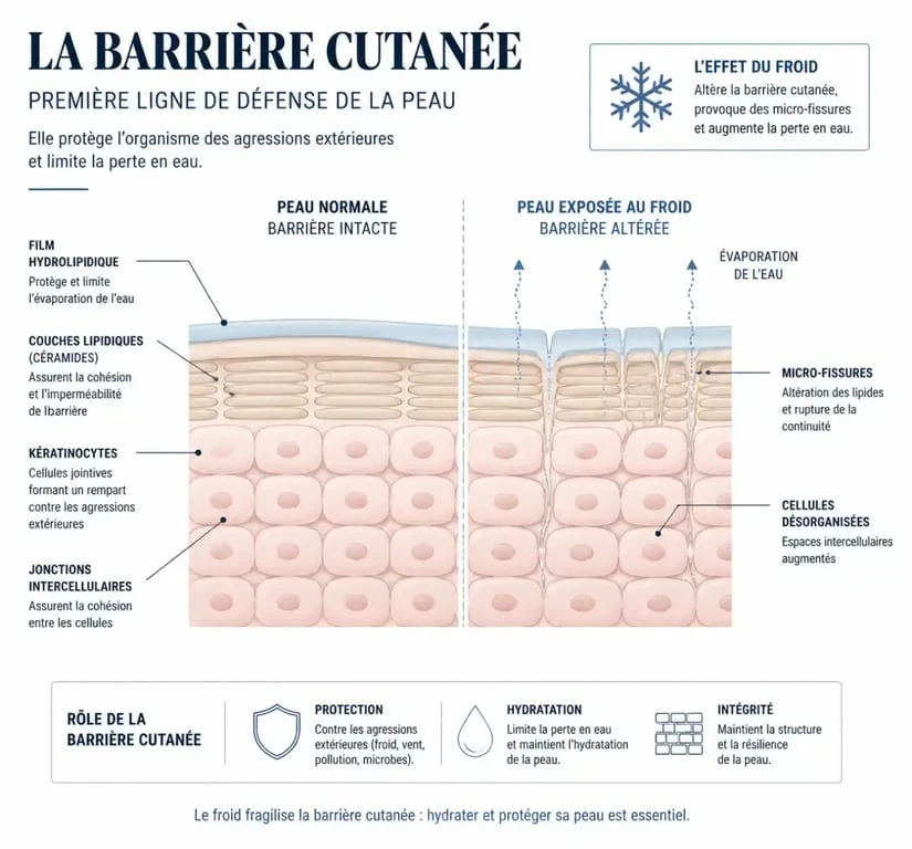 Schéma explicatif de la barrière cutanée et du film hydrolipidique pour une routine beauté hiver