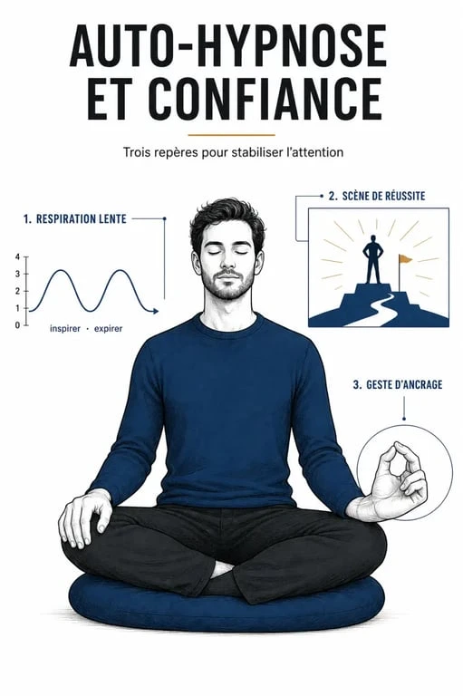 Auto hypnose confiance en soi : illustration d’une pratique calme avec respiration, visualisation et ancrage