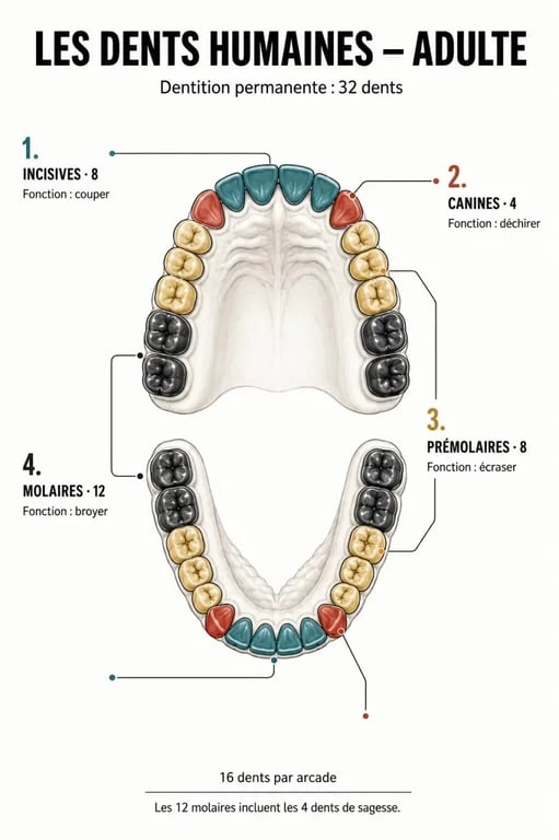 Infographie sur les dents homme : incisives, canines, prémolaires et molaires