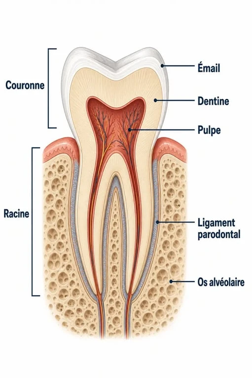 Schéma de l'anatomie des dents homme avec émail, dentine, pulpe, couronne et racine