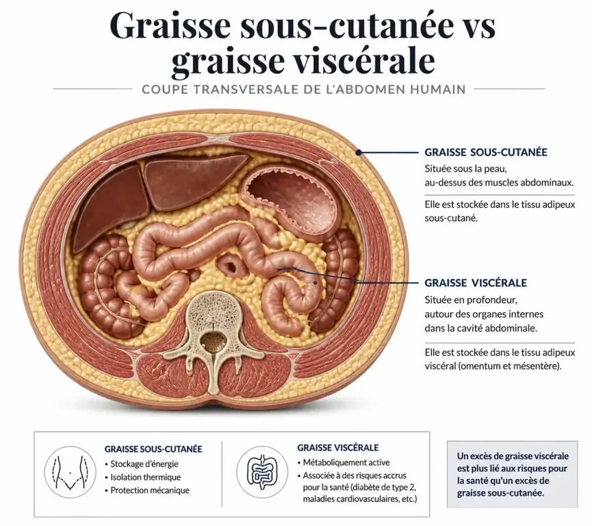 Schéma illustrant la différence entre graisse sous-cutanée et graisse viscérale chez l'homme gros ventre