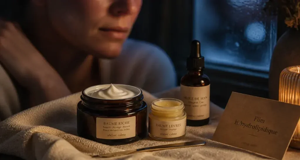 Routine beauté hiver : crème riche et baume lèvres contre le froid