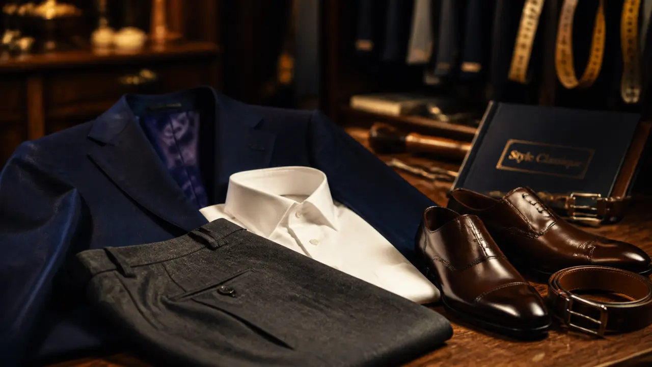Style vestimentaire classique homme : blazer bleu nuit, chemise blanche et derbies brunes