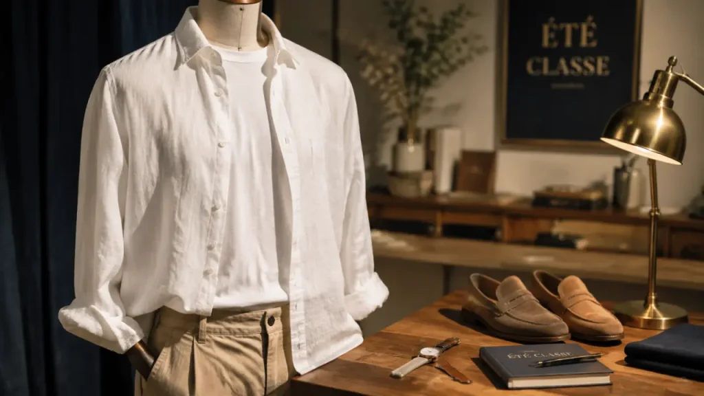 Tenue été homme classe : chemise en lin blanc et chino beige