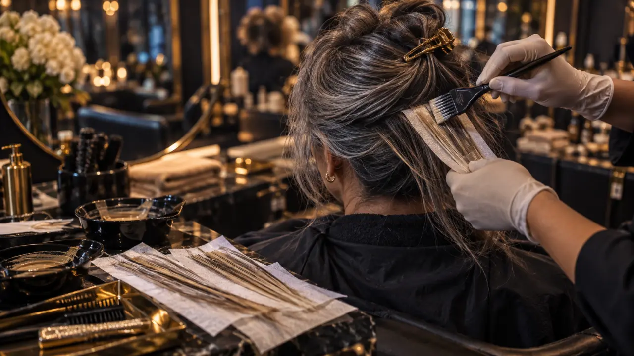 Balayage transition cheveux gris pour fondre les racines sans démarcation