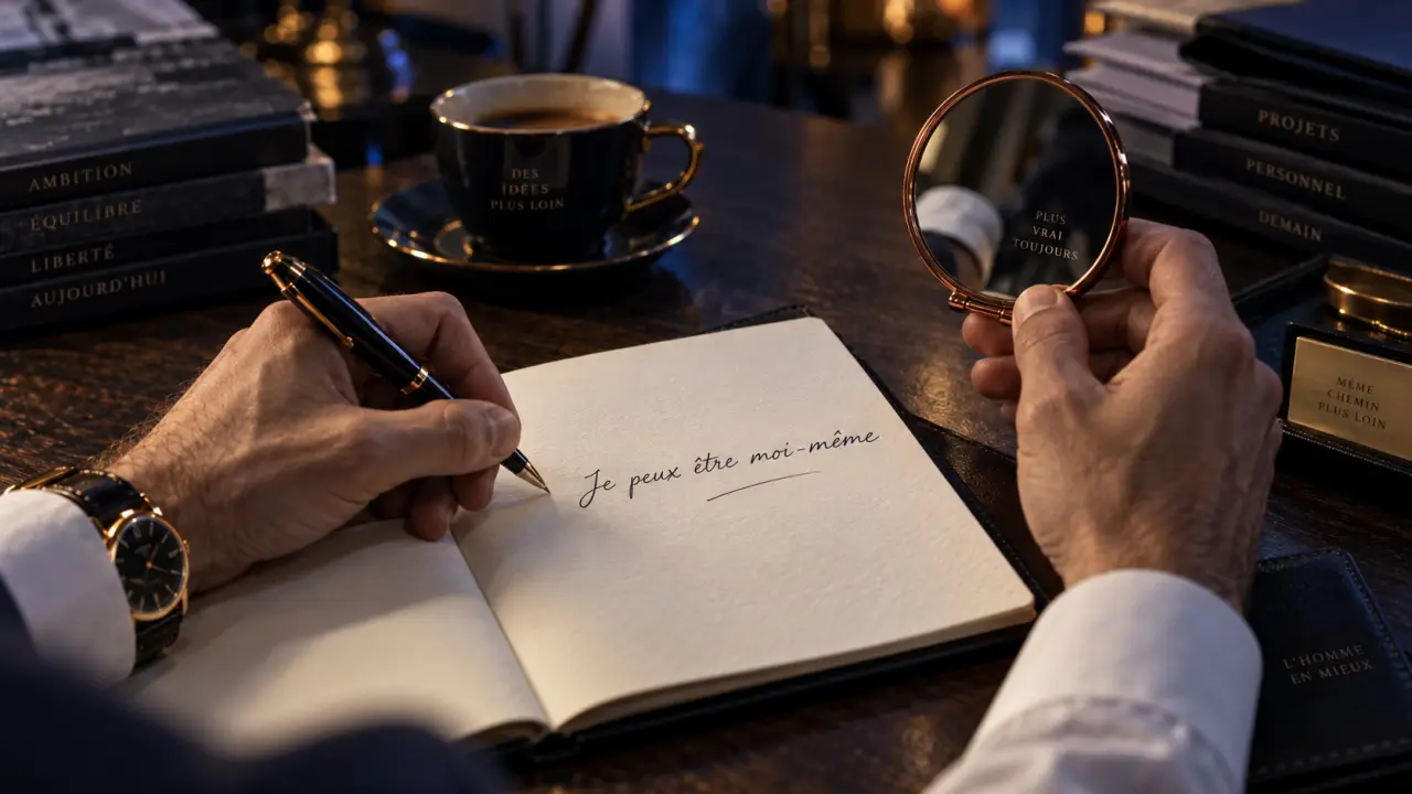 Phrases positives sur la confiance en soi : main avec carnet et miroir de poche