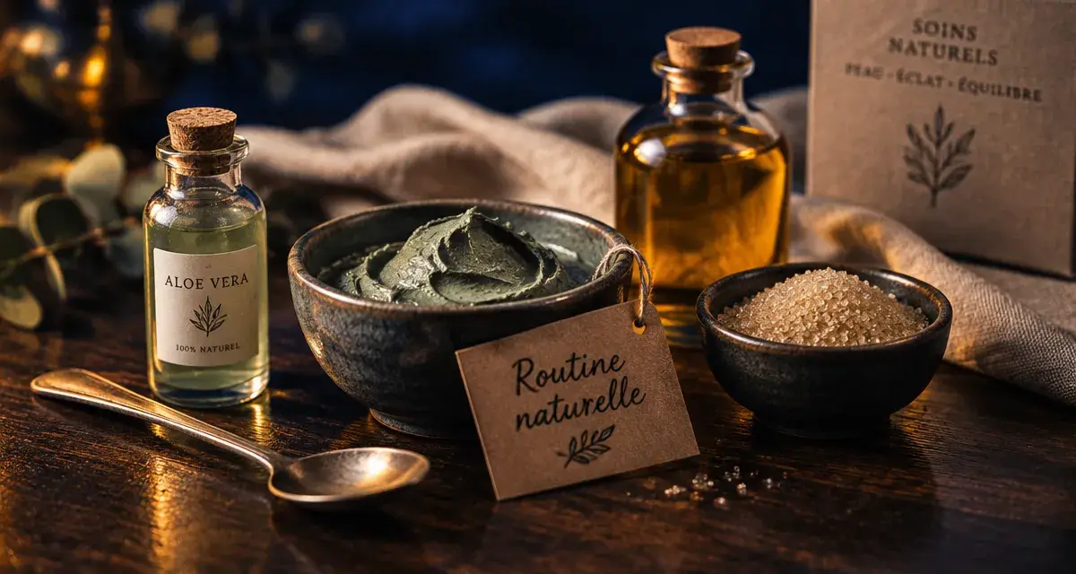 Soins naturels : bol d’argile verte et aloe vera sur table